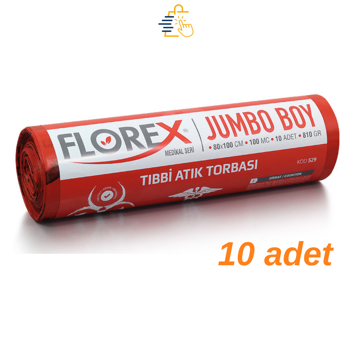 FLOREX Tıbbi Atık Baskılı Jumbo Boy 80 x 110 cm Çöp Torbası C Katlama 10 RULO