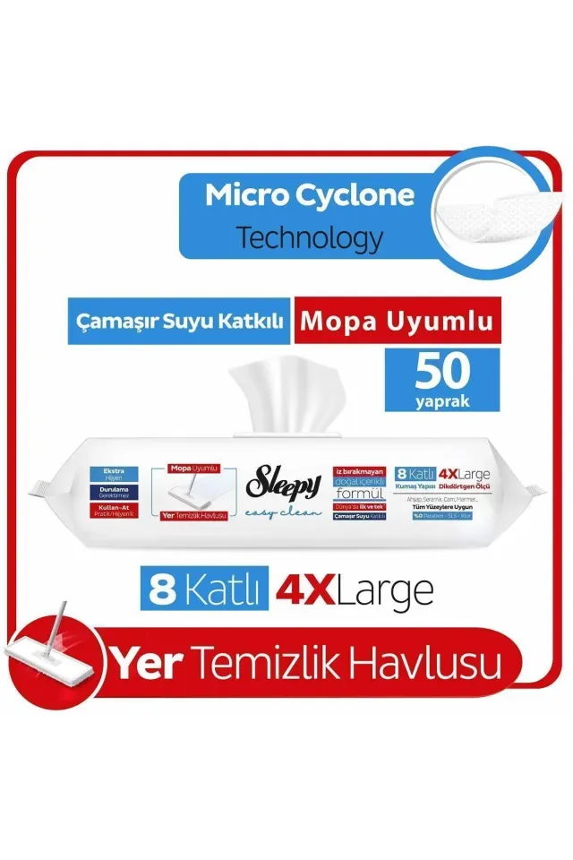 Sleepy Easy Clean Çamaşır Suyu Katkılı Mopa Uyumlu Yer Temizlik Havlusu 100 Yaprak + Mop Aparatı + Slim Bez