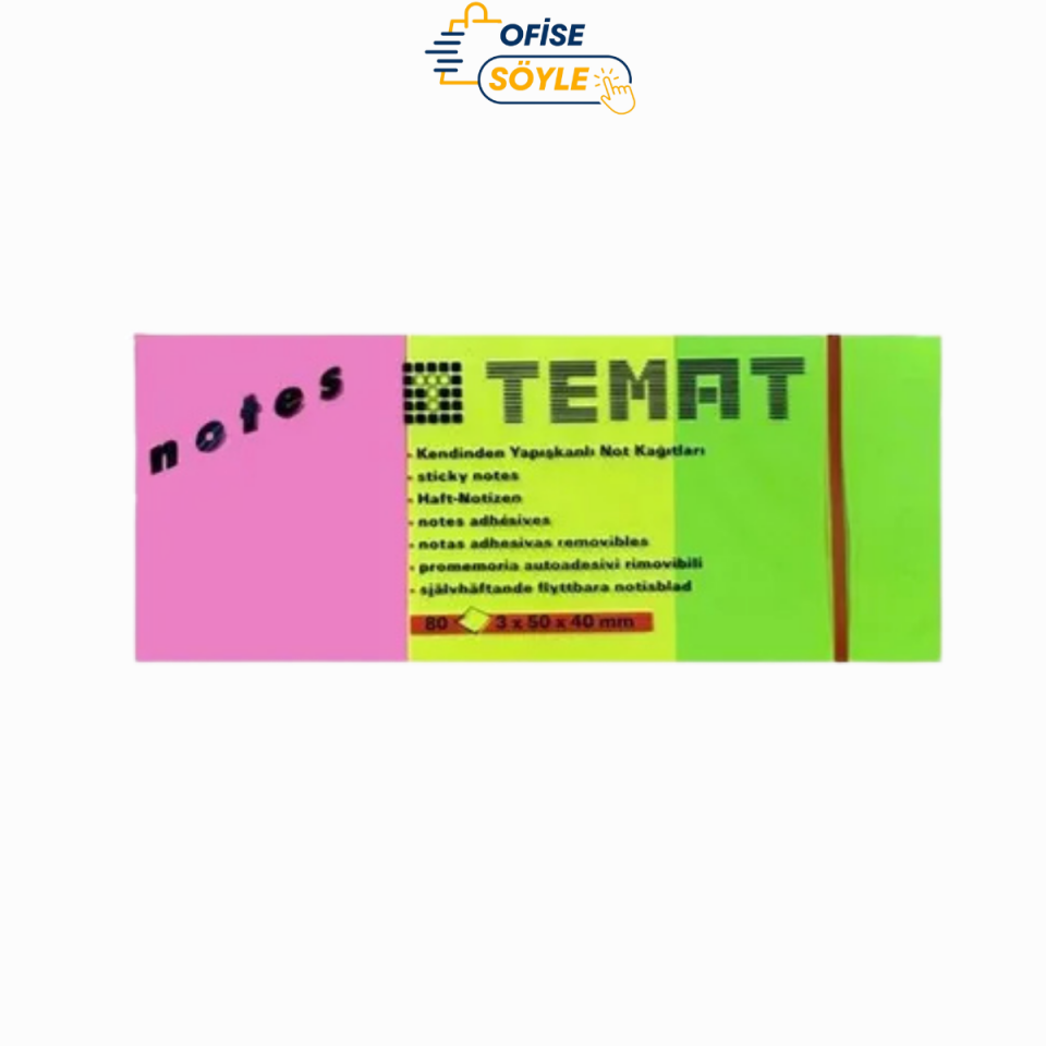 Temat Yapışkanlı Not Kağıdı 3 x 50 x 40 mm 3'lü Karışık Renk