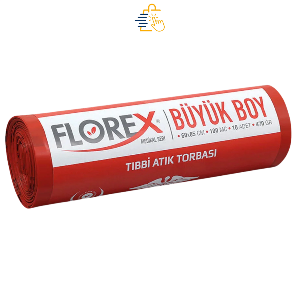 Florex Tıbbi Atık Baskılı Çöp Torbası Büyük Boy 60 cm x 85 cm C Katlama Kırmızı 10'lu Paket