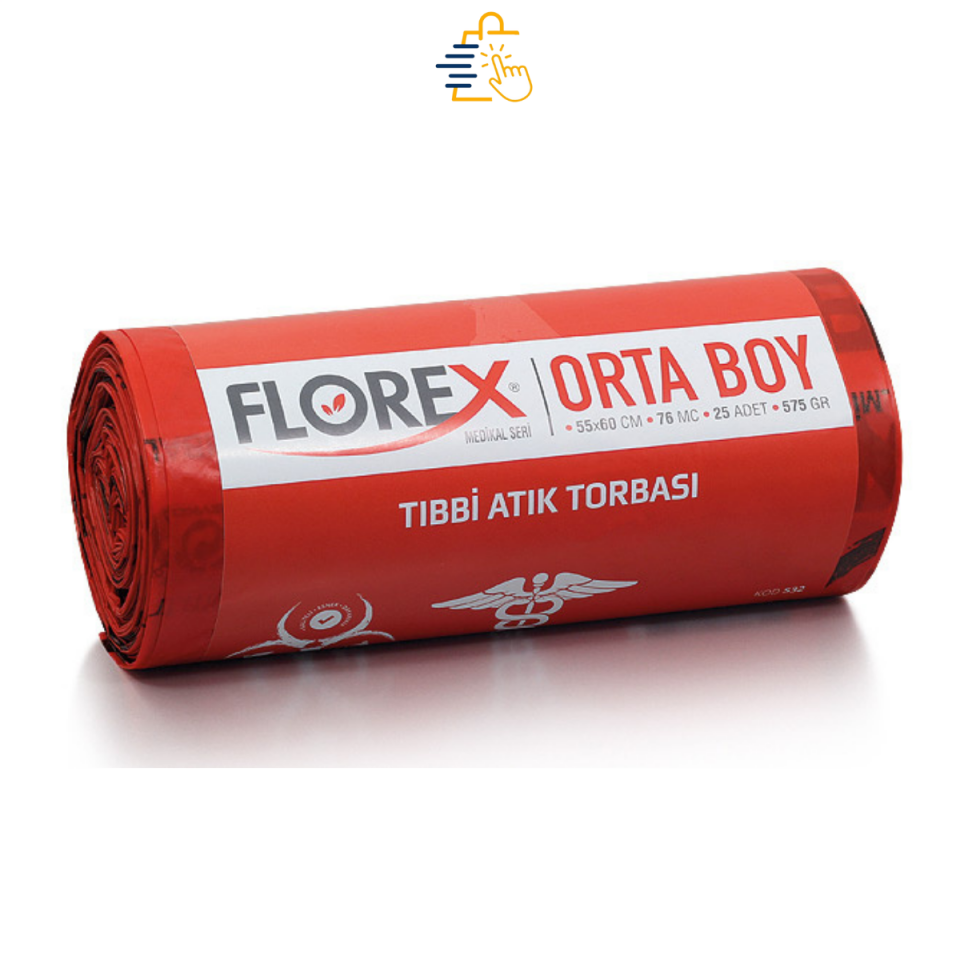 FLOREX Tıbbi Atık Baskılı Orta Boy 55 x 60 cm / 76 mc  Çöp Torbası C Katlama
