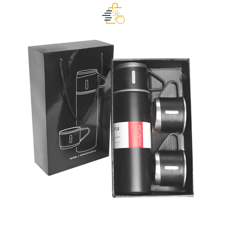 Hytech Siyah Çelik Termos 500 ml – 3 Bardaklı
