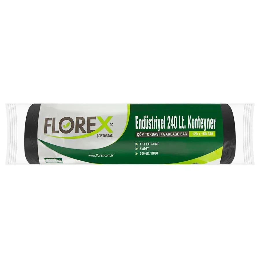 Florex Çöp Torbası 240 Litre Konteyner Boy 120 cm x 150 cm Siyah 5'li Paket
