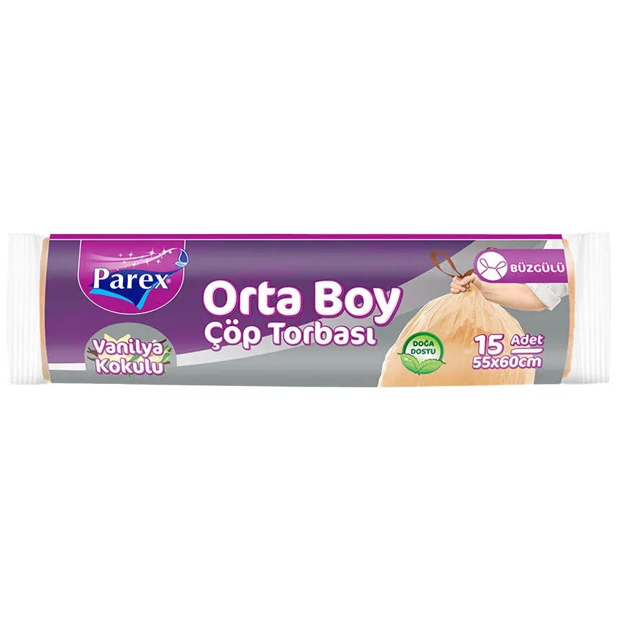 Parex Çöp Torbası Orta Boy 55 cm x 60 cm Yavruağzı Vanilya Kokulu Büzgülü 15'li Paket